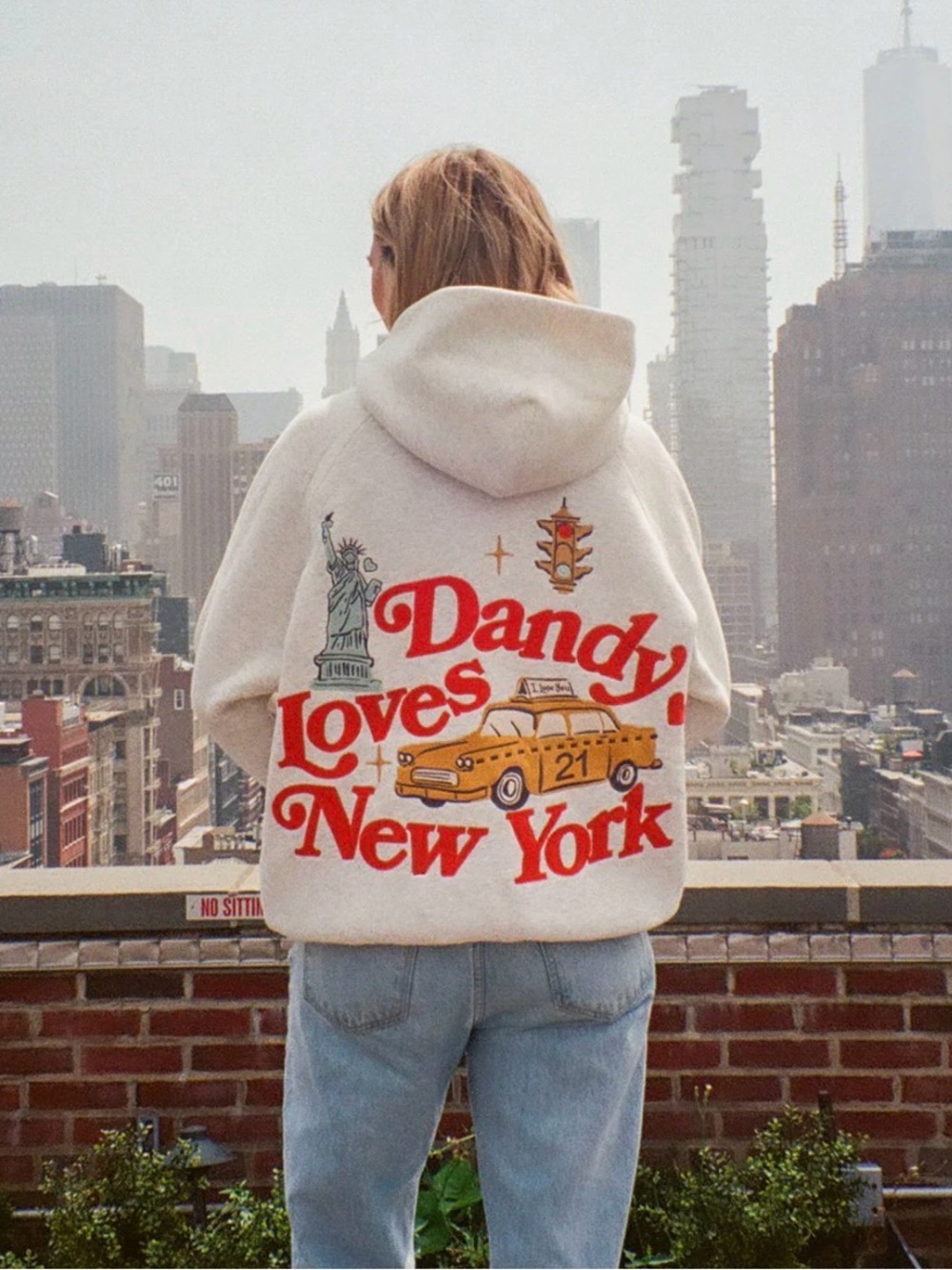 Dandy Worldwide Heather Grey Hoodie Sweater Red New York Graphic Embroidered K0